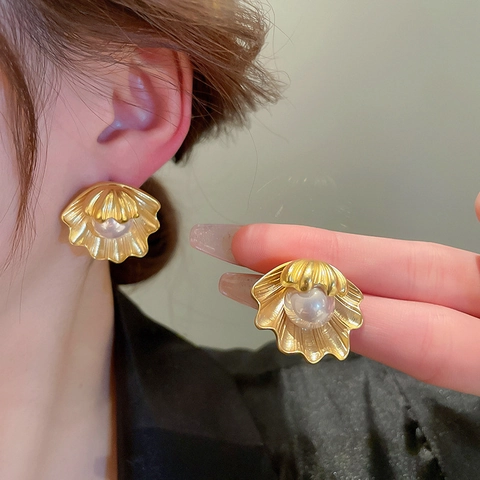 Pendientes De Botón De Concha Vintage Con Perla Artificial De Imitación Y Poste De Plata De Ley 925 Joyería Elegante Con Textura Dorada Para Mujer