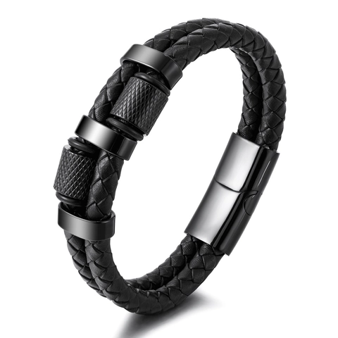Pulsera De Cuero Trenzado Para Hombre Con Cierre Magnético De Acero Inoxidable Joyería Punk De Varias Capas