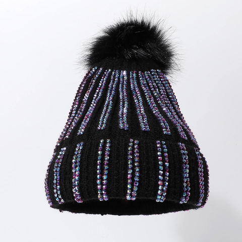 Gorro De Punto Con Pedrería Y Pompón De Piel Sintética Invierno Cálido Exterior Color Sólido Elástico Para Mujer