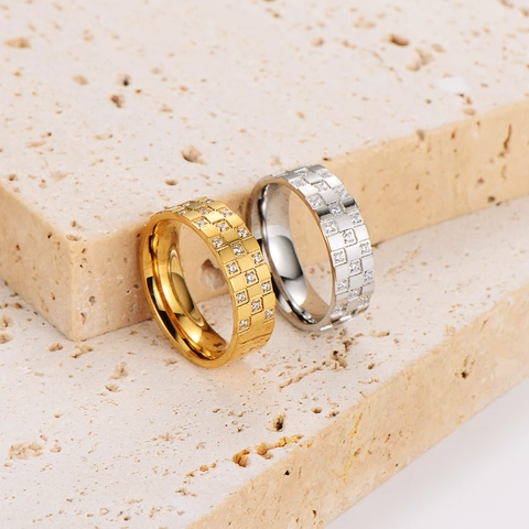 Anello In Zircone A Scacchi Acciaio Inossidabile 304 Quadrato Geometrico Gioielli Di Moda Per Donna