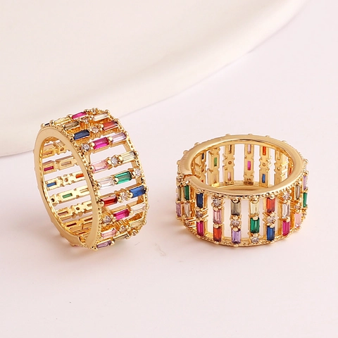 Rainbow Cubic Zirconia Adjustable Open Ring Gold Plated Brass Hollow Geometric Wide Band Fashion Jewelry For Women