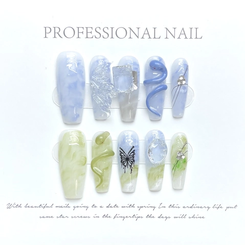 Handmade Blue Green Press On Nails 3D Snake Butterfly Rhinestone Decor Long Coffin Artificial Nails For Women