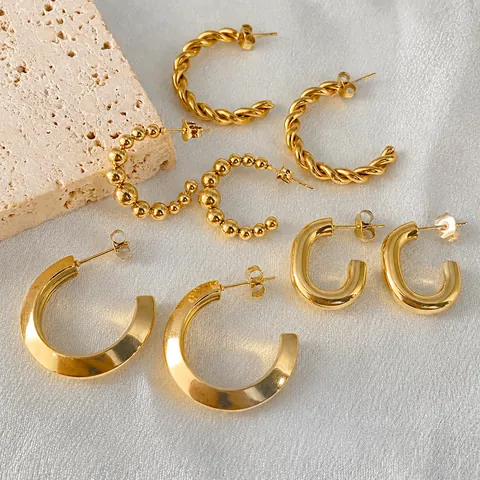 Stainless Steel C-Shaped Hoop Earrings For Women Twisted Wire Geometric Beaded 18K Gold Plated Minimalist Daily Jewelry Gift