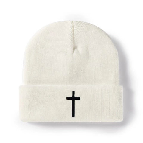 Bonnet en Tricot Unisexe avec Broderie Croix pour Hommes Femmes Automne Hiver Chaud Acrylique Souple Skull Cap Streetwear Outdoor Décontracté