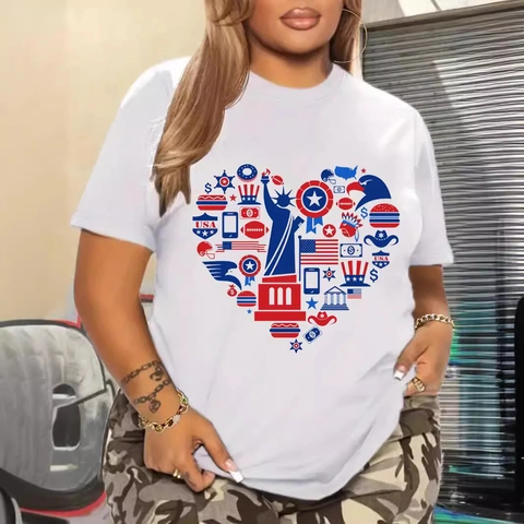 Camiseta De Algodón Para Hombre Talla Grande Manga Corta Cuello Redondo Estampado Gráfico Elemento USA Forma De Corazón Top Verano