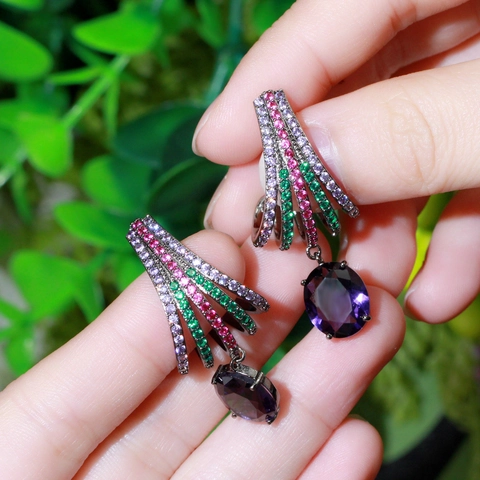 Luxurious Copper Zirconia Drop Earrings For Women Vintage Royal Crown Style Micro Inlaid Colorful Stones Dangle Earrings Jewelry