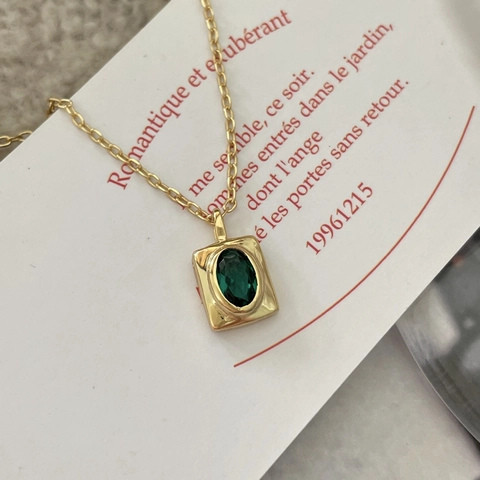 925 Sterling Silver Necklace With Oval Green Gemstone In Rectangle Frame Minimalist Korean Style For Women