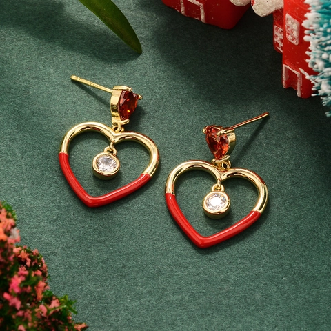 Heart Drop Earrings Red Pink Enamel Dangling Zircon Christmas New Year Jewelry With 925 Sterling Silver Earring Post