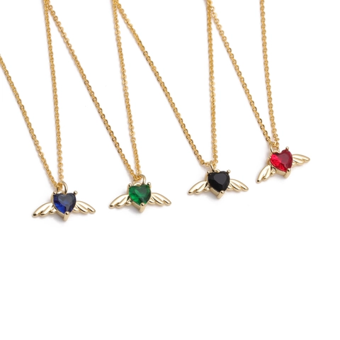 Angel Wings Heart Pendant Necklace Copper Gold Plated With Colorful Zirconia Gemstone Elegant Jewelry For Women Gift