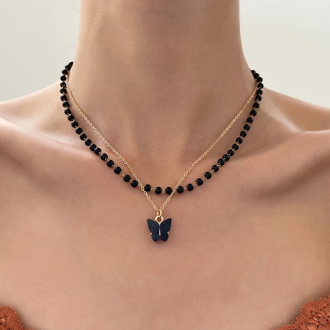 Gothic Dark Double Layer Butterfly Pendant Necklace For Women Vintage Black Beaded Clavicle Chain Alloy Jewelry Gift