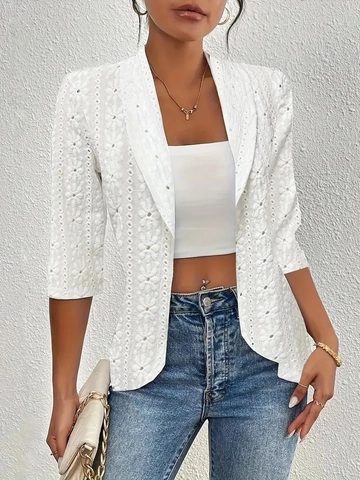 Blazer Elegante Para Mujer De Encaje Calado Media Manga Frente Abierto Color Sólido Bordado Floral Chaqueta Casual