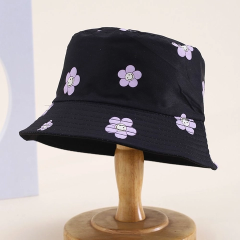Kids Reversible Bucket Hat Polyester Smiley Flower Print Sun Protection Wide Brim Outdoor Beach Sun Hat