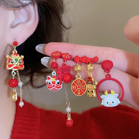 New Chinese Style Red Lion Dance Drop Earrings With Silver Earring Post Enamel Fortune Bow Festive Jewelry For Women