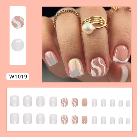 Aurora Milky White Press On Nails Short Square Wave Line Glossy Manicure For Women Elegant Daily Wear Faux Nails