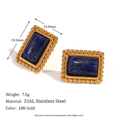 Vintage Stainless Steel Lapis Lazuli Rectangular Stud Earrings For Women 18K Gold Plated Beaded Geometric Retro Jewelry