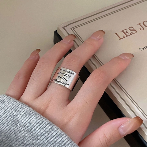 925 Sterling Silver Wide Band Ring Engraved Happiness Depends Upon Ourselves Vintage Retro Adjustable Open Ring Jewelry