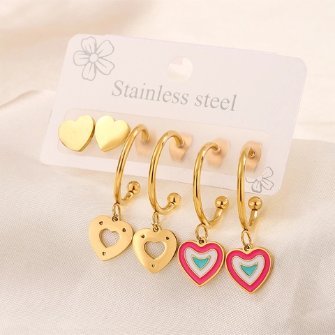 Enamel Stainless Steel Stud Hoop Earrings Gold Plated Geometric Heart Evil Eye Star Charm Jewelry For Women Elegant Style