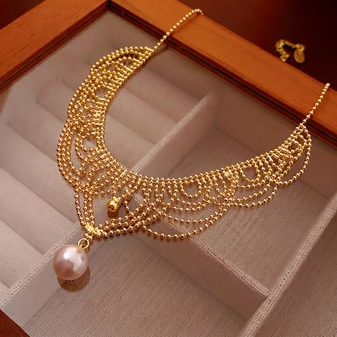 Franse Retro Kunstparel Kant Geweven Ketting Voor Vrouwen Met Legering Meerlaagse Elegante Hof Stijl Sieraden