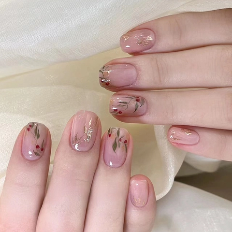 Unghie Finte Stile Cinese Fagiolo Rosso Corte Unghie da Balletto Rosa Nudo Foglia d'Oro Floreale Nail Art per Donna