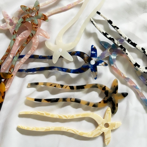 Starfish Hair Stick Acetate U Shaped Hair Fork Double Tooth Bun Maker For Women Simple Modern Styling Accessories
