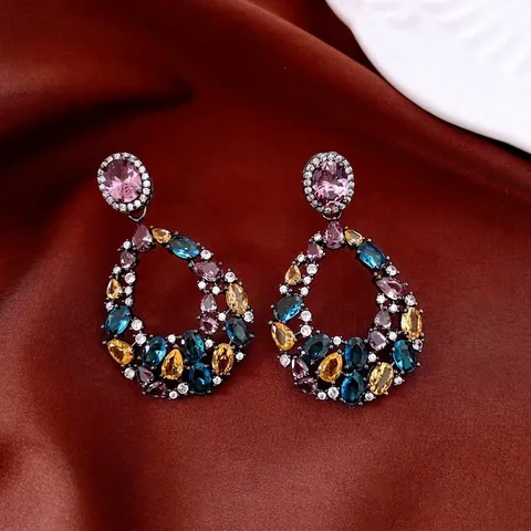 Orecchini Pendenti A Goccia In Zircone Colorato Con Perno In Argento Vintage Lusso Cavo Rame Per Donne