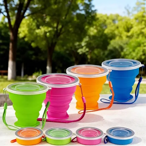 Silicone Collapsible Water Cup Portable Travel Drinking Mug With Lanyard And Lid For Outdoor Camping Hiking Reusable
