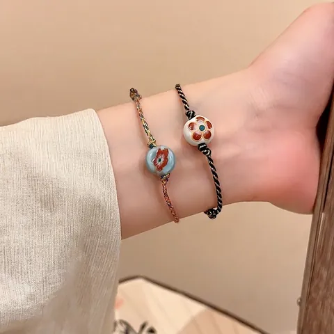 Handmade Woven Rope Bracelet Bohemian Retro Style Ceramic Flower Bead Adjustable Ethnic Jewelry For Women