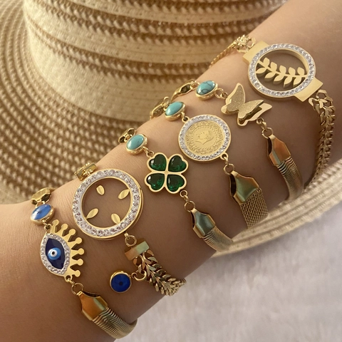 Vintage Edelstahl Armband Gold Überzogen Böser Blick Schmetterling Kleeblatt Boho Schmuck Für Damen Verstellbare Kette