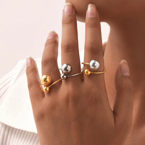 Anillo Aperto In Acciaio Inossidabile Minimalista Per Donna Doppia Sfera Rotonda Perla Artificial Regolabile Oro Argento Gioielli Lucidati