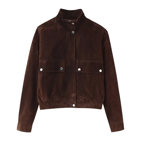 Women Suede Leather Jacket Stand Collar Long Sleeve Metal Buttons Solid Casual Streetwear Outerwear Pocket Coat