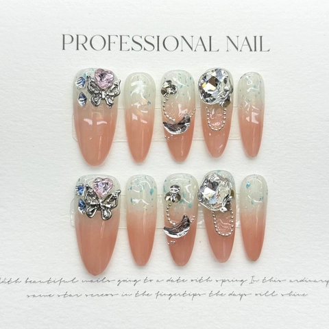 Handmade Press On Nails Long Stiletto Gradient Maillard Brown Rhinestone Artificial Pearl 3D Bow Glazed Fake Nails For Women