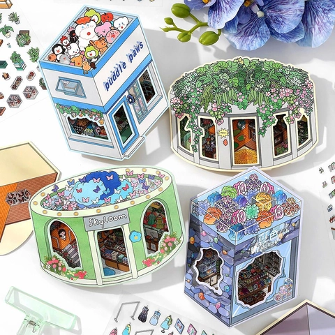DIY 3D Miniatur Gebäude Szene Aufkleber PET Karton Faltbar Isometrisch Journal Dekoration Handgefertigte Kunstbedarf