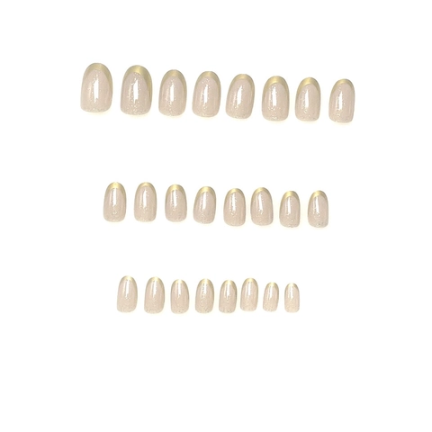 Press On Nails French Gold Edge Nude Pink Glitter Shimmer Oval Short Elegant Simple Artificial False Fingernails For Women