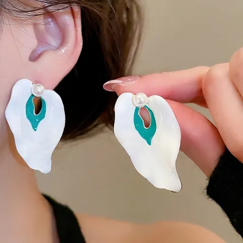 Zantedeschien Blumen Schmuck Mit Silber Earring Post Legierung Emaille Künstliche Perlen Ohrringen Und Verstellbarem Ring