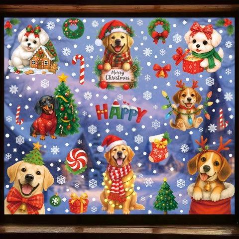 Christmas Dog Window Clings Double Sided Static Stickers Cartoon Puppy Santa Hat Snowflake Holiday Glass Decor Novelty