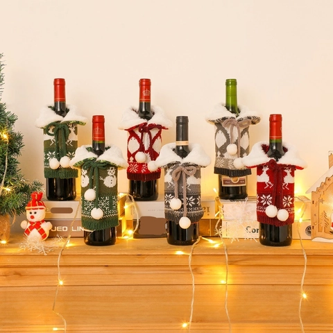 Christmas Wine Bottle Cover Knitted Sweater With Faux Fur Collar Pompoms Snowman Reindeer Pattern Festive Xmas Dining Decor