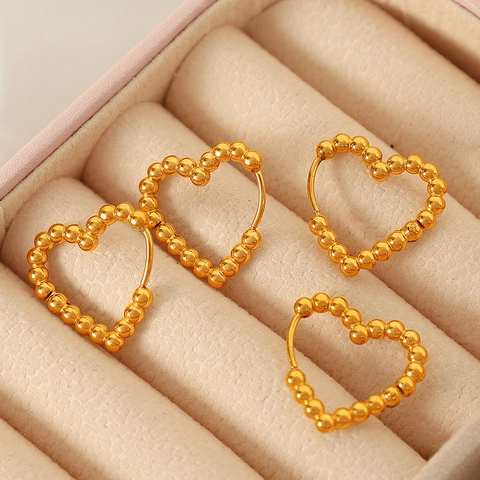 French Style Gold Beaded Geometric Hoop Earrings For Women Stainless Steel Round Heart Square Ear Buckles Fashion Jewelry