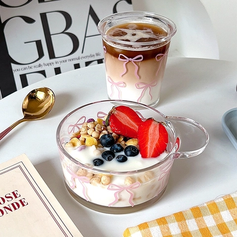 Glasbecher Und Schale Mit Griff Rosa Schleife Muster Transparent Dessert Salat Kaltgetränke Süßer Stil