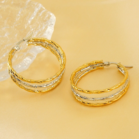 Hoop Ohrringe Zweifarbig Gedreht Geflochten Edelstahl Vakuum Goldbeschichtet Damen Mode Schmuck