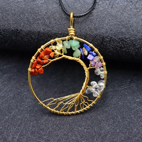 Tree Of Life Pendant Necklace Handmade Wire Wrapped Natural Stone Chips Chakra Healing Bohemian Ethnic Yoga Jewelry