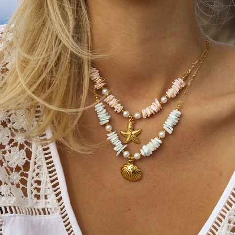 Collar Con Colgante De Estrella De Mar Y Concha Acero Inoxidable Chapado En Oro Perla Artificial Imitación Joyería De Playa Para Mujeres