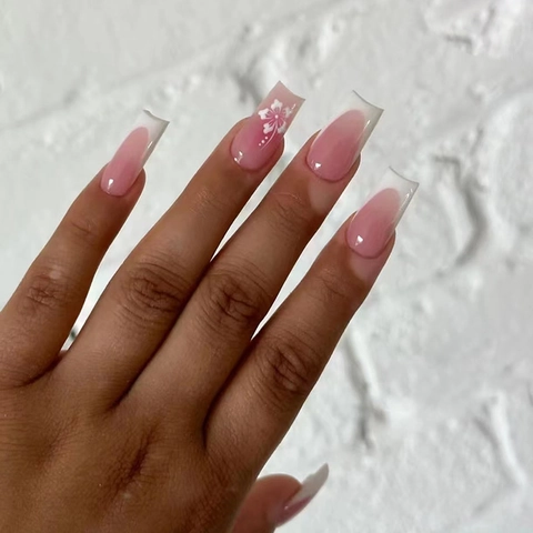 French Tip Press On Nails Pink White Gradient Flower Design Glossy Detachable ABS Fake Nails For Women Daily Wear