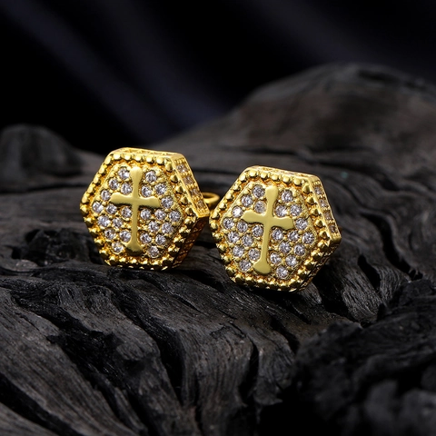 Hexagon Cross Stud Earrings Copper Micro Pave Cubic Zirconia Iced Out Hip Hop Street Rock Jewelry For Men Unisex