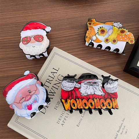 Christmas Santa Claus Hair Claw Clip Acrylic Cute Funny Gnome Sunflower Festive Headwear For Women Girls