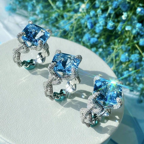 Square Cut Blue Gemstone Ring Women Copper Twisted Pave Zircon Inlay Adjustable Elegant Luxury Jewelry Gift Accessory