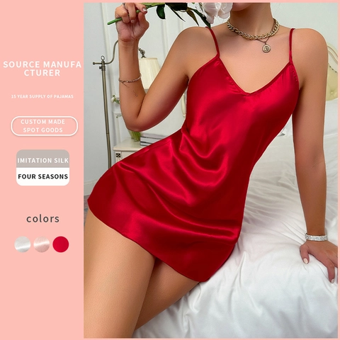 Camicia Da Notte Sexy In Raso Da Donna Pigiameria Setosa Scollo A V Spalline Sottili Chemise Corta Loungewear