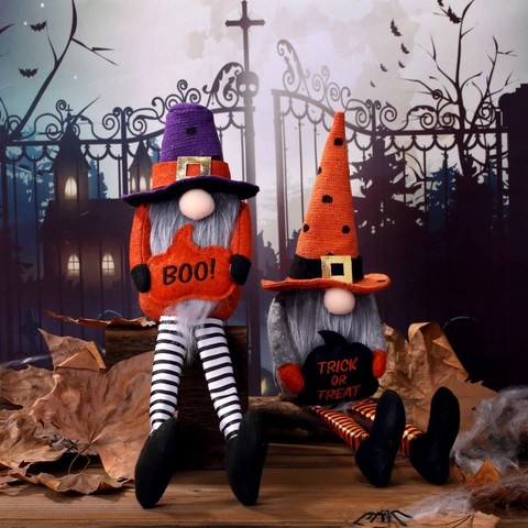 Décorations d'Halloween Nain en Peluche à Longues Jambes Poupée Sans Visage Avec Chapeau de Sorcière Citrouille Ornement de Table