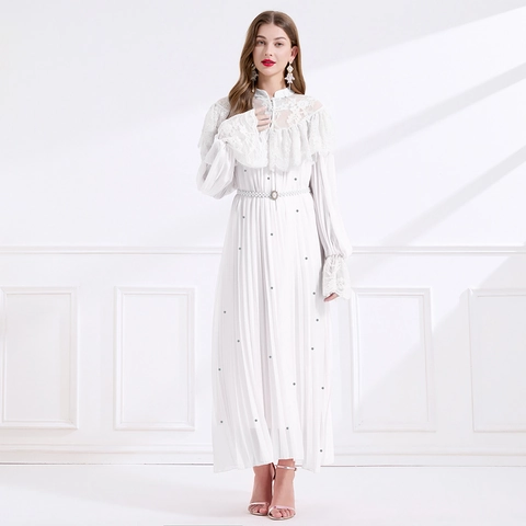 Maxikleid Mit Spitze Patchwork Falten Stehkragen Langarm Elegant A-Linie Abendkleid Mit Künstliche Perlengürtel