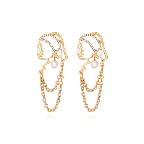 Retro Alloy Rhinestone Face Silhouette Tassel Earrings For Women Gold Plated Hollow Out Head Portrait Artificial Pearl Earrings