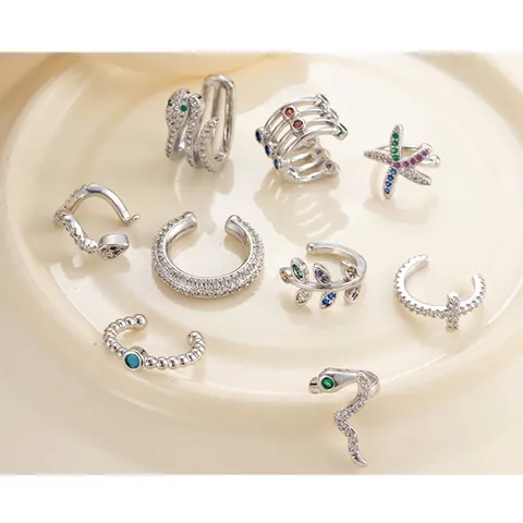 Pendientes De Clip Sin Agujero Ear Cuff Cobre Circón Moda Diseño De Serpiente Cruz Hoja Para Mujeres